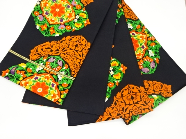 6845221: JAPANESE KIMONO / VINTAGE FUKURO OBI / WOVEN FLOWER CREST